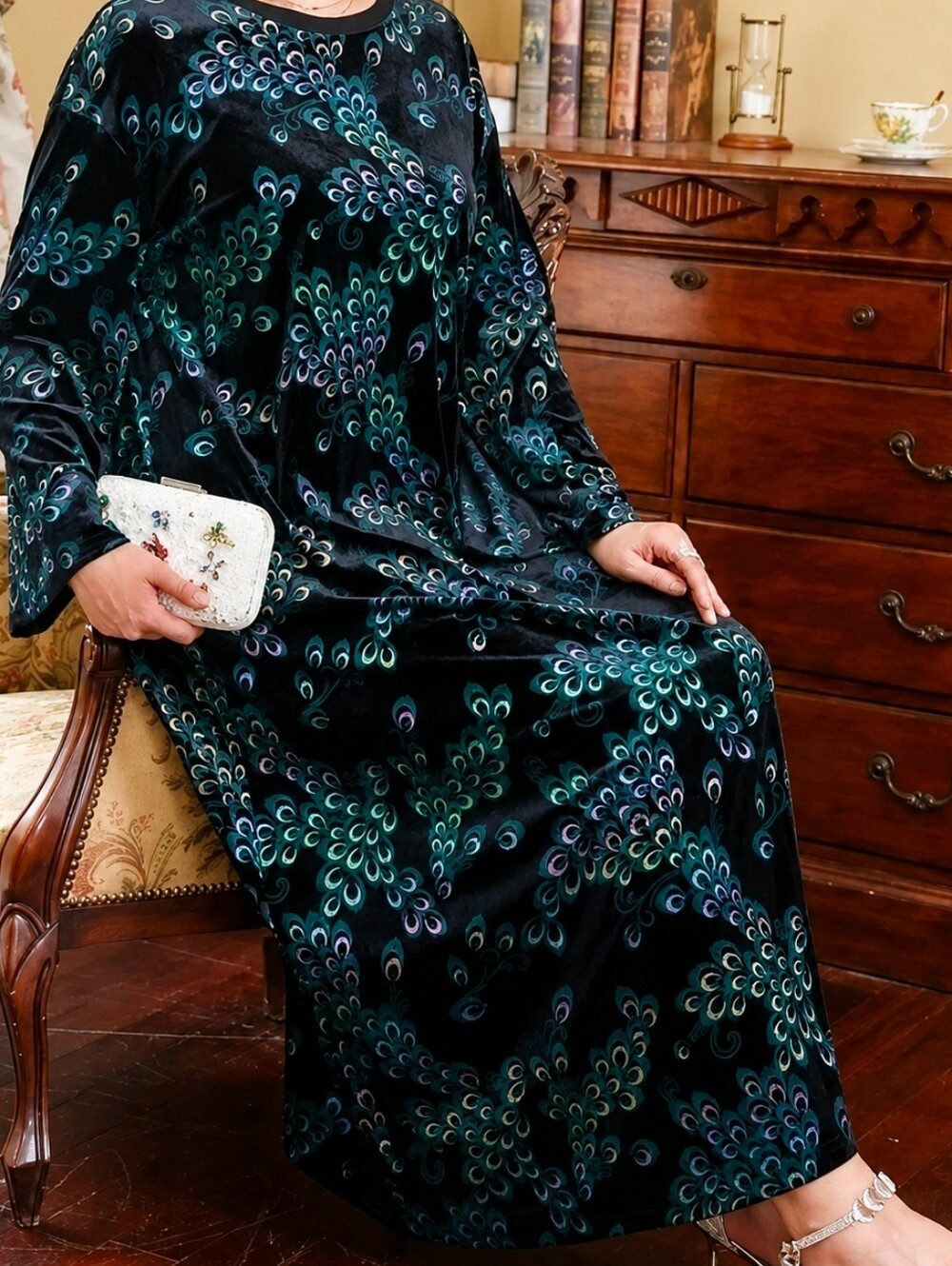 SHEIN VELVET PEACOCK PRINT MAXI DRESS SZ 4X